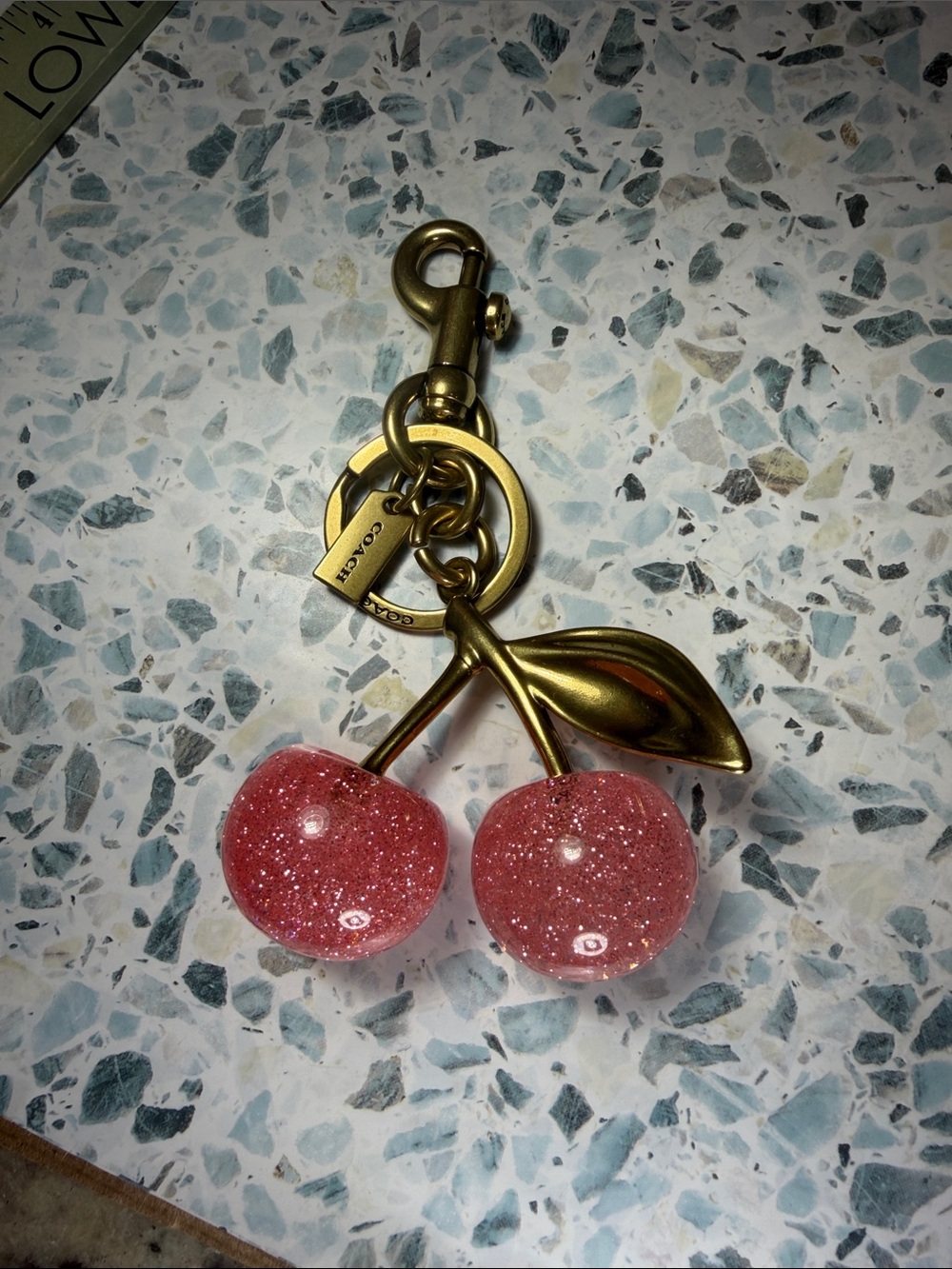 Coach Gold-Tone Keychain with PINK Glitter Cherry Charms
